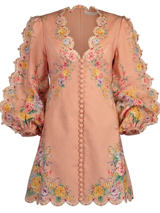 Zimmermann Dresses & Skirts - Zimmermann Zinnia Scallop Mini Dress Pink Floral Long Sleeve Linen - Size XS